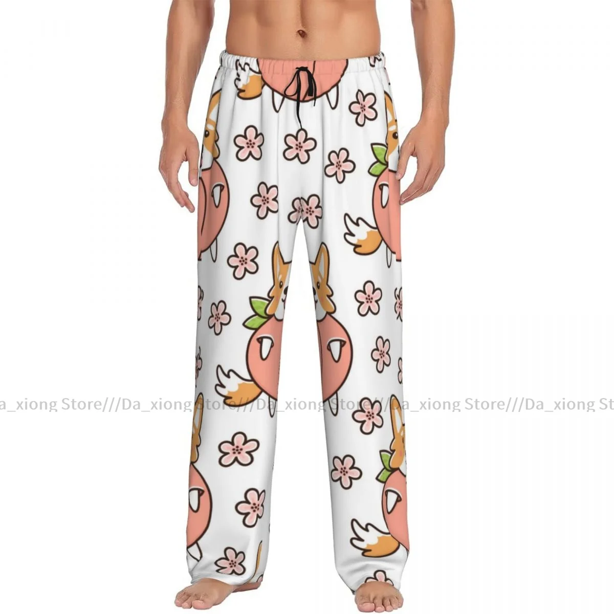 Mens Casual Pajama Long Pant Loose Elastic Waistband Dog Welsh Corgi In Peach With Flowers Cozy Sleepwear Home Lounge Pants