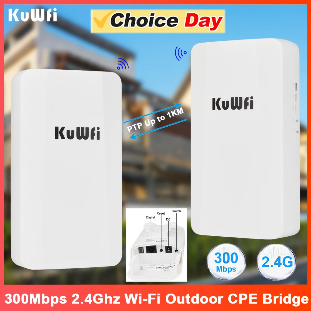 KuWFi 300Mbps 2.4Ghz CPE Bridge Outdoor Wireless WiFi Signal Extender PTP PTMP Up to 1KM 24V POE AP Repeater Mode for IP Camera