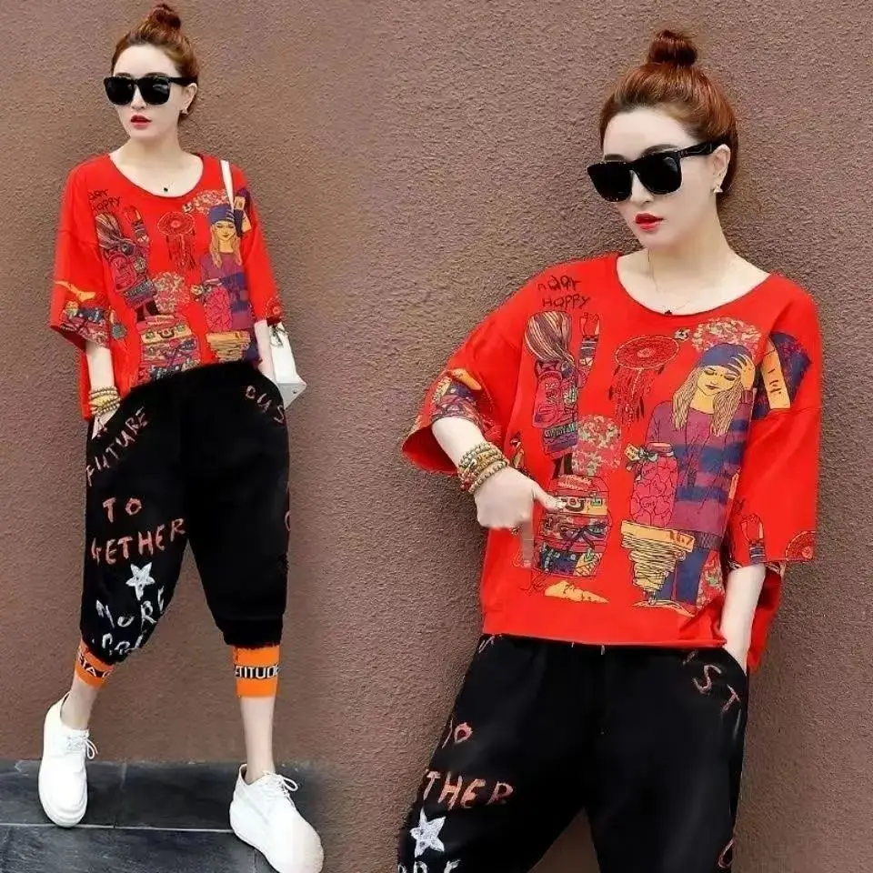 Fashion suit female summer short sleeve Haren pants new Korean version of foreign relaxed leisure sports two-piece set female