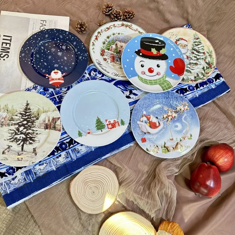 8-inch Circular Christmas Plate Ceramic Cartoon Relief Shallow Plate Household Tableware Small Plate