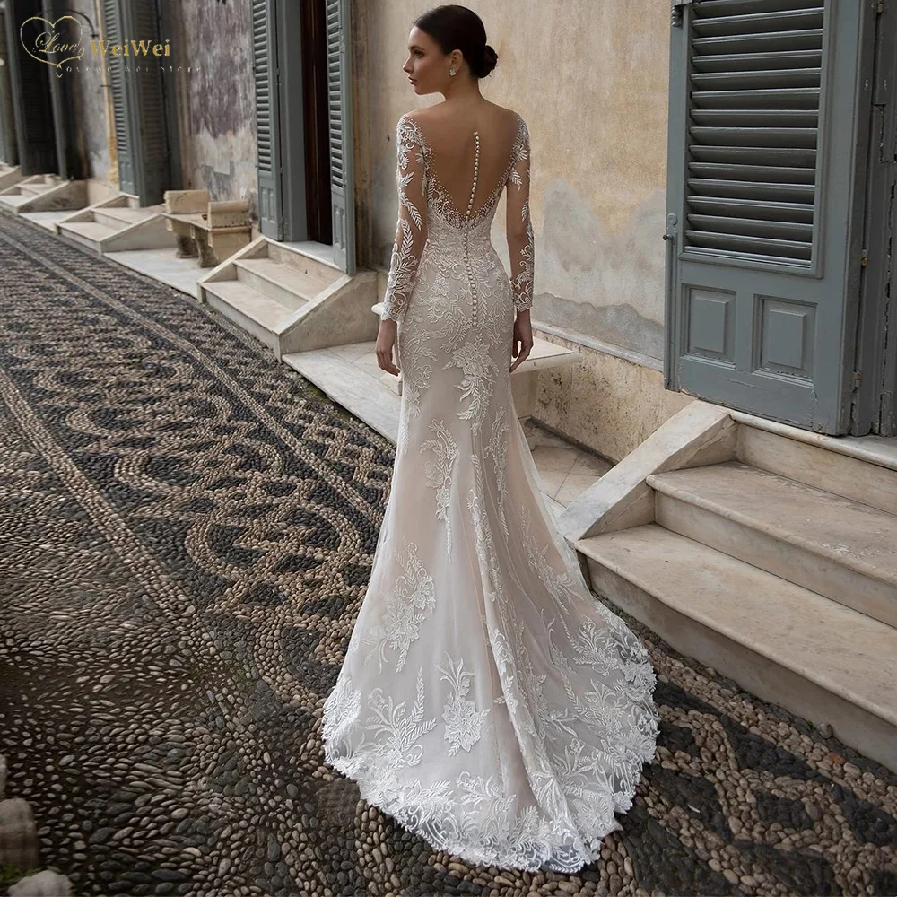 Vestidos de noiva sereia feminina, pura ilusão, costas de botões, vestido de casamento, aplique de renda, 2022