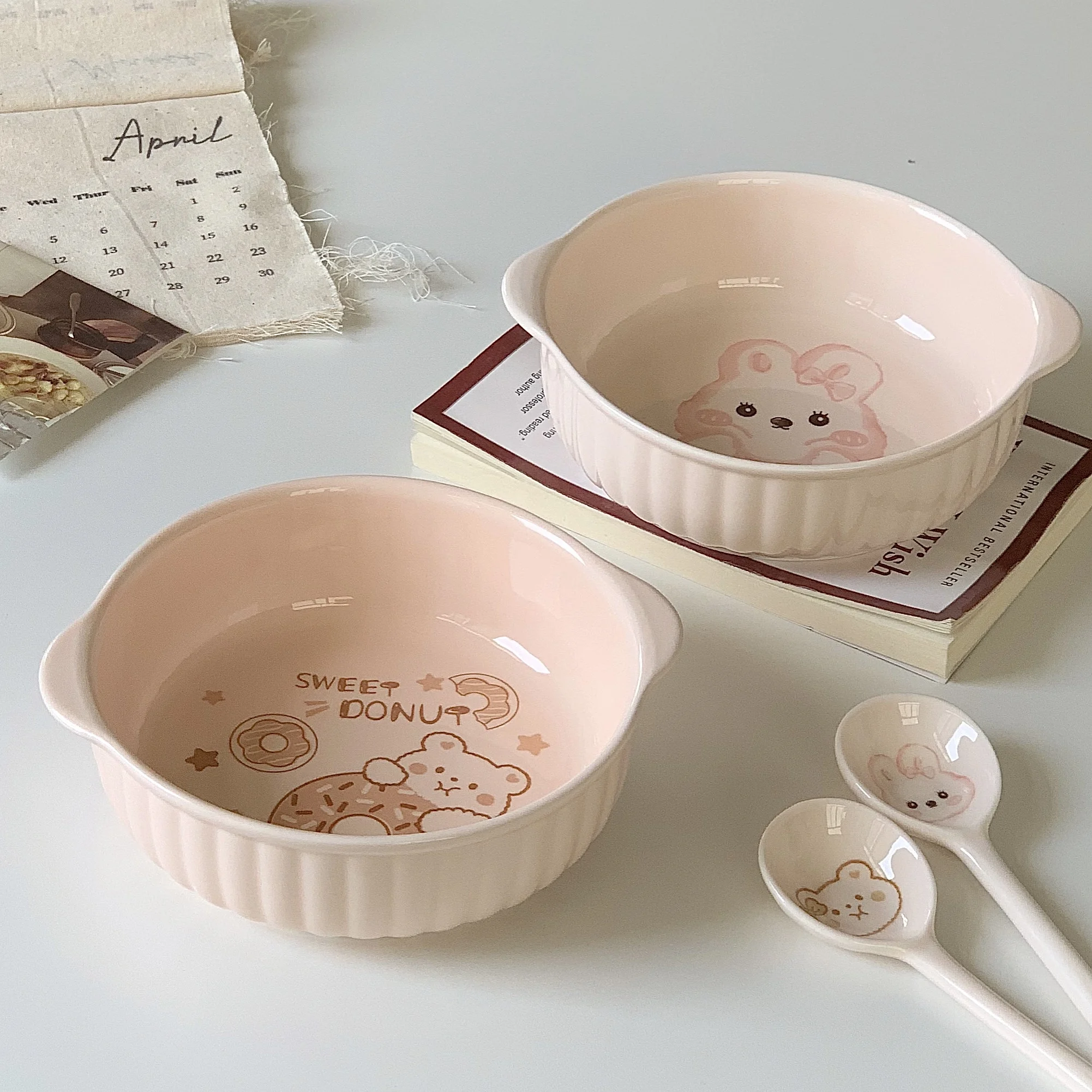 Korean Style Ceramic Household Oatmeal Bowl Simple High Quality Round Fruit Tableware Animal Pattern Restaurant Yogurt Bowl