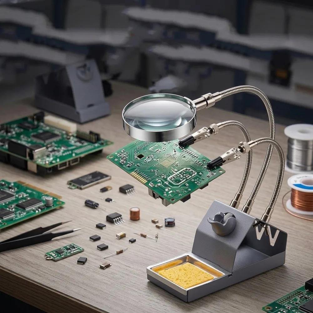 Professional-Grade Soldering Stand with Magnifying Lens and Dual Crocodile Clips for Controlled Soldering on Dense PCB Layouts