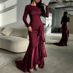 Long Sleeves Satin Straight O-neck Burgundy Floor Length Evening Dress Elegant Pleats Court Train Bespoke Occasion Gowns Formal