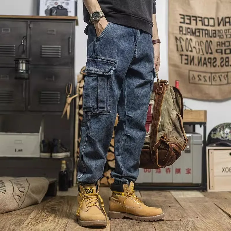 

2026 Men's Vintage Harlan Tooling Jeans, Loose Taper Multi-Pocket Casual Straight Small Foot Tie Jeans