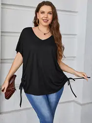 Plus Size sznurowana elastyczna talia czarna plisowana damska krótka koszulka z dekoltem w szpic duże rozmiary luźna bluzka 4XL luźna obszerna koszula