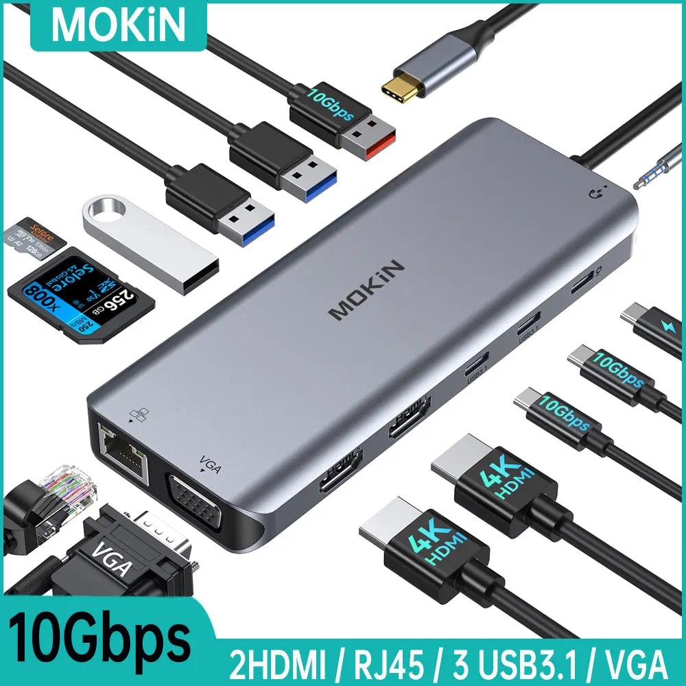 

MOKiN 10Gbps USB C HUB,4K@60Hz HDMI Docking Station,Type C Hub Dock,For MacBook Air M1 M2 usb hub USB 3.1 PD Ethernet SD/TF Card