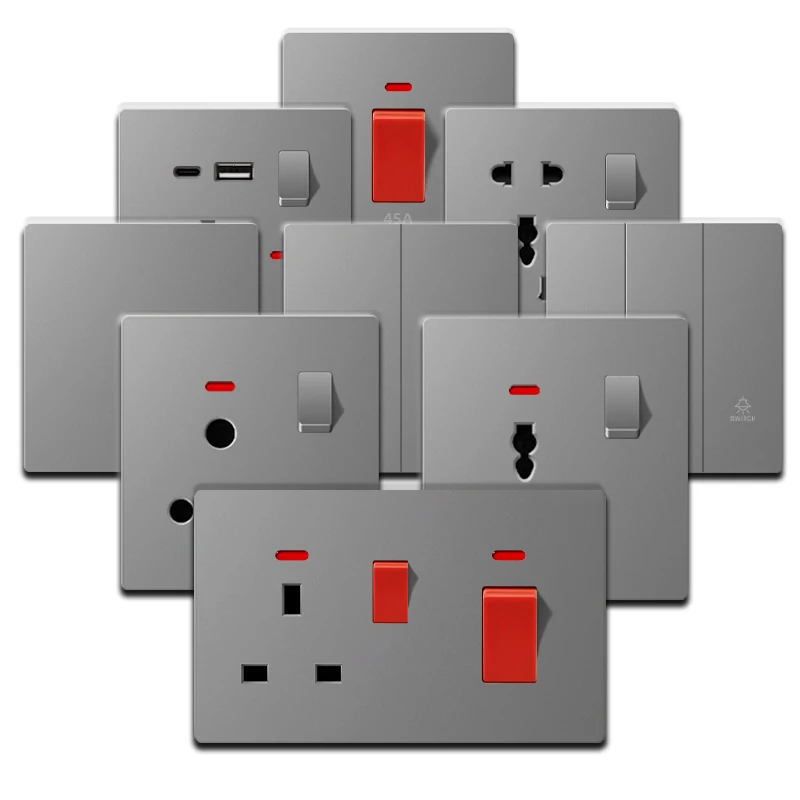 

Ультратонкая матовая серая розетка стандарта Великобритании, универсальная двойная 3-контактная розетка USB Type-C, водонагреватель, кухонный переключатель плиты