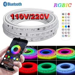 Bluetooth Inteligente RGB LED Light Strip, Fita Flexível, Fita RGB, Regulável, Várias Cores, Arco-íris Perseguindo, 110V, 220V, 60LEDs por m, SMD5050