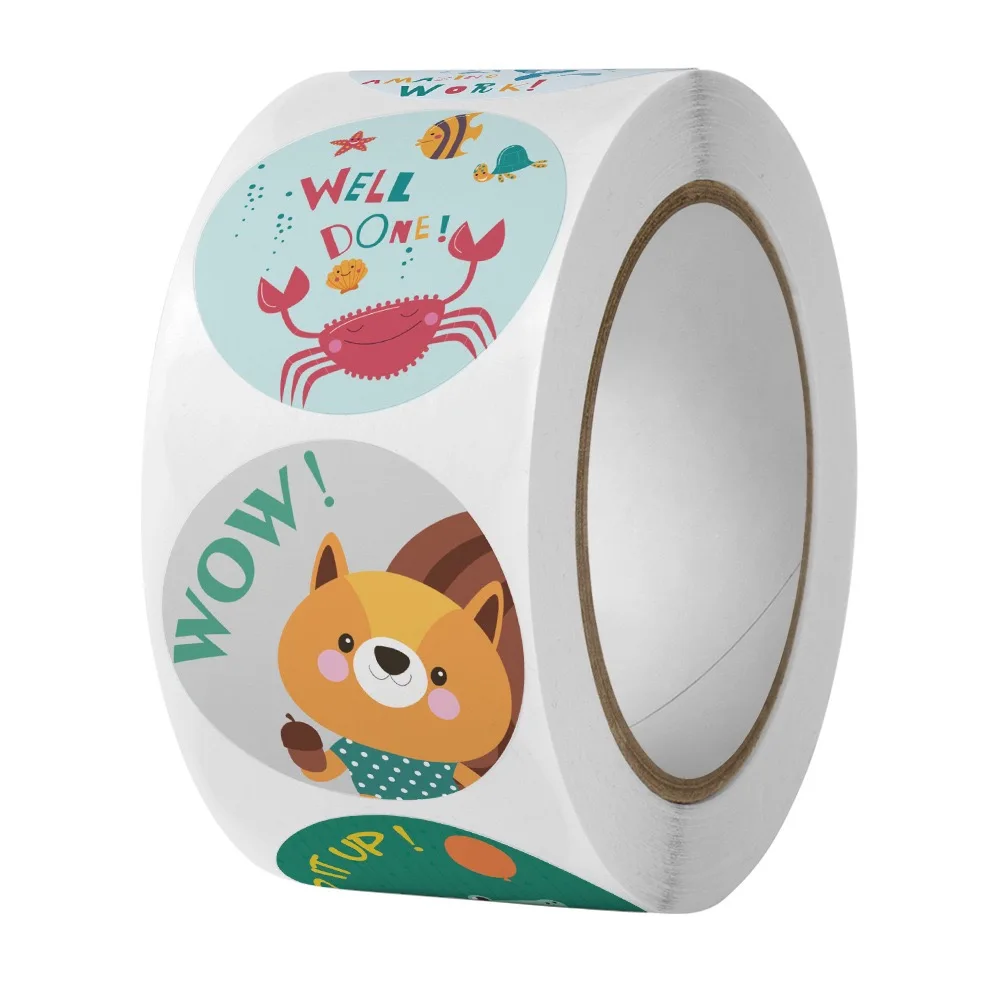 500pcs/roll Sticker , Reward and encouragement pattern sticker, teacher cartoon hand-painted cute round animal seal sticker
