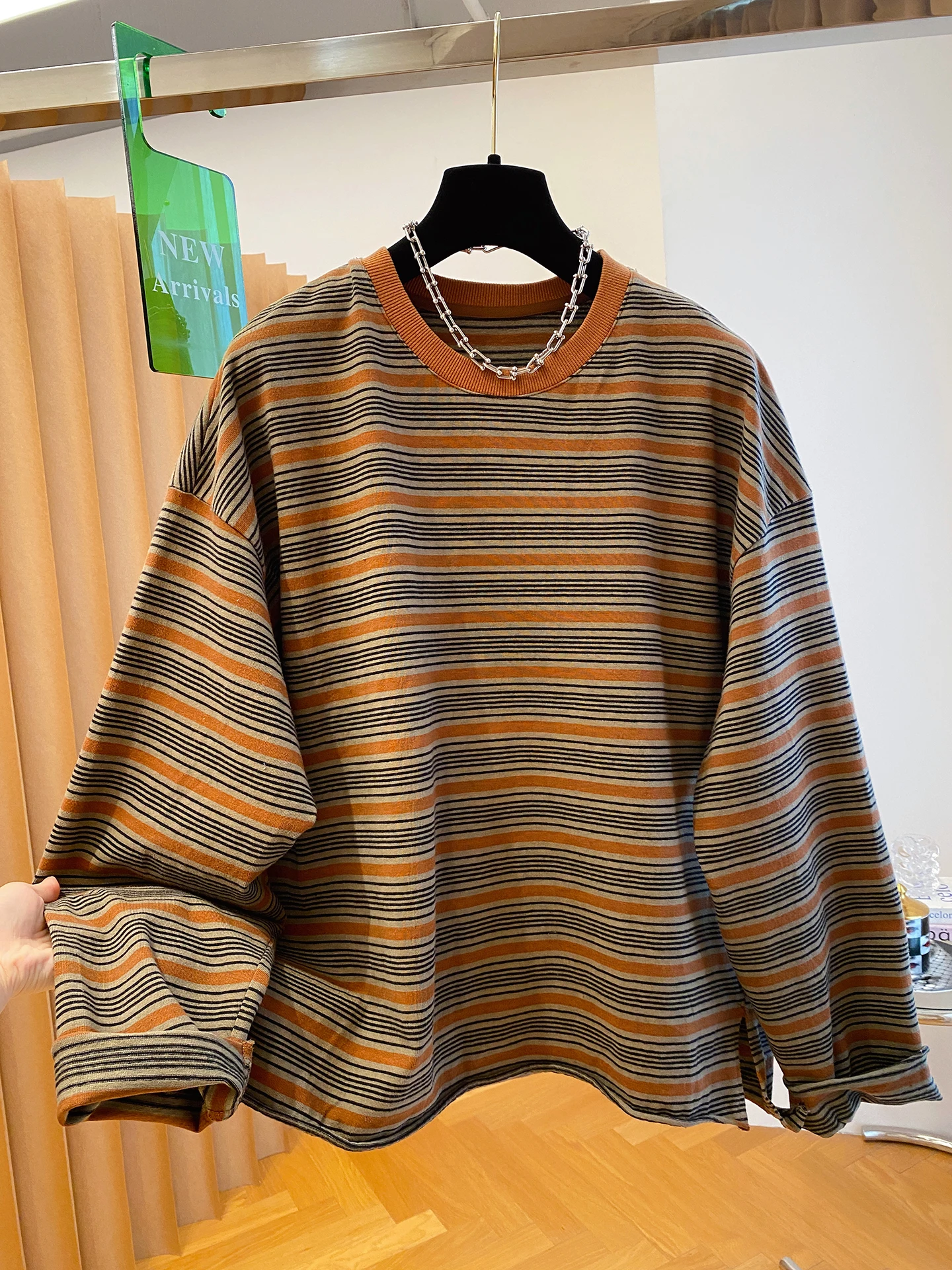 Felpa a righe vestibilità ampia da donna lunga Sve coreana Sle stampa retrò Top casual taglie forti Nuovo arrivo autunnale