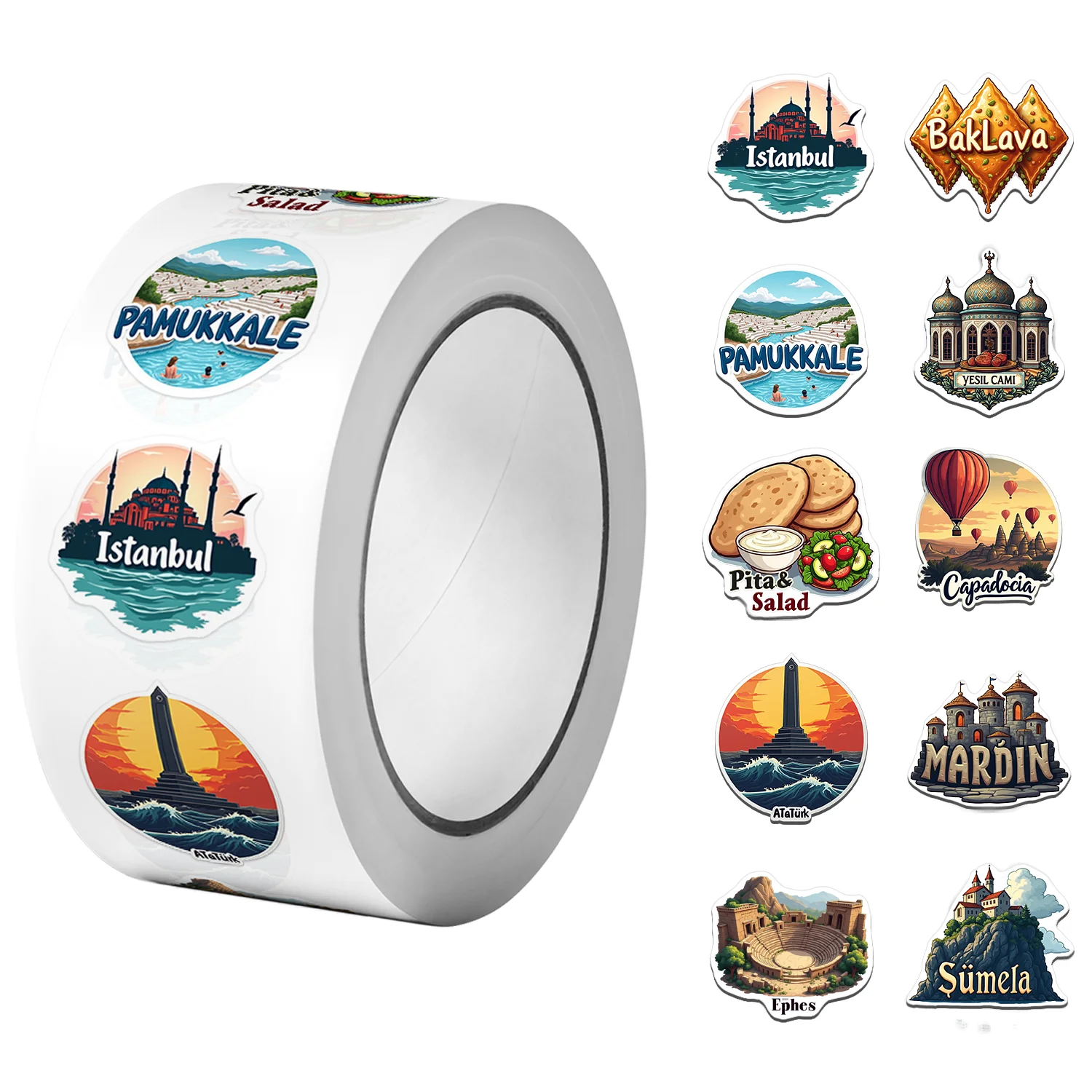 1Roll(500Pcs) Country Where Europe Meets Asia Turkey Cities Stickers 2.5cm/1.0'' 10 Designs Decals Diy Adorn Gifts Home Decor