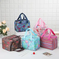 Lunch Bag Waterproof Zipper Portable Handle Thermal Cooler Oxford Cloth Floral Print Bento Box Pouch Container for School