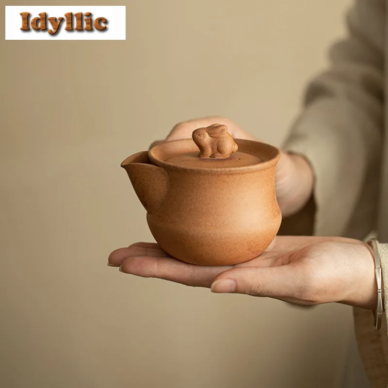 

200ml Coarse Pottery Rabbit Hand Grab Teapot Creative Tea Infuser Pot Tea Making Kettle With Strainer Puer Drinkware Decoration
