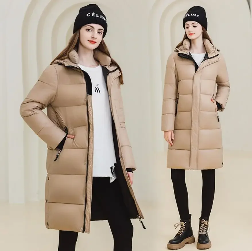 Nieuwe winter zwart goud donsjack voor damesklassiekers losse katoenen jas over de knie parka met capuchon dames trend dikker bovenkleding