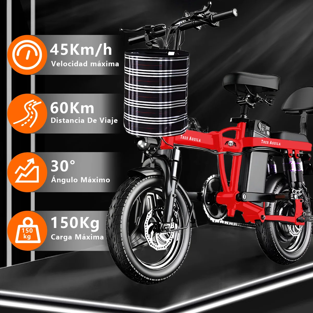 TRES AGUILA  bicicleta eléctrica adultos bicicletas de montaña 45km/hora autonomias 70km14 Pulgadas con cesta y cascos