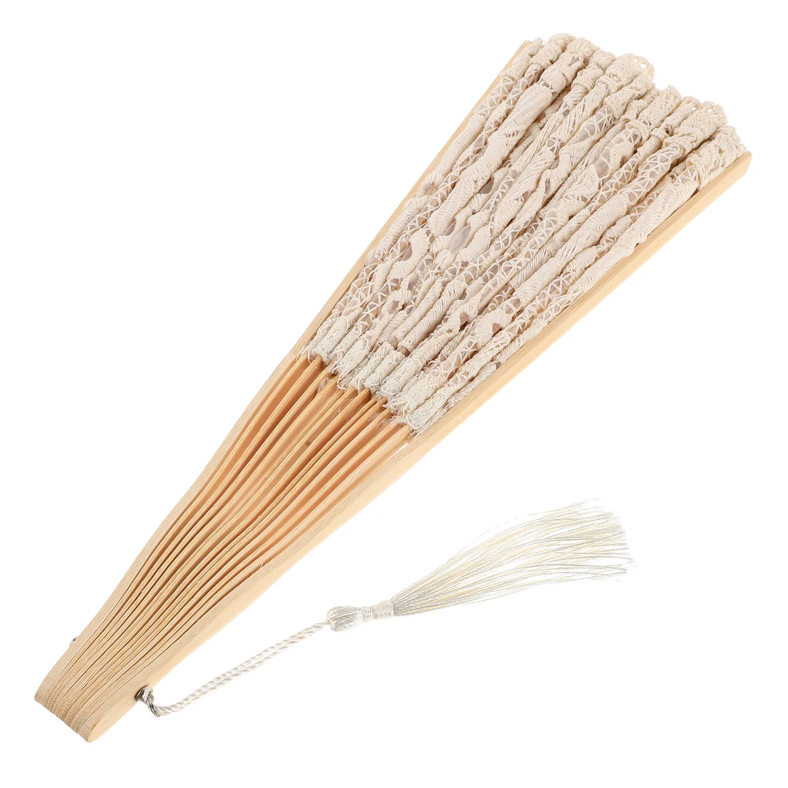 19 Inch Lace Folding Hand Fan Elegant Beige Bridal Bamboo Frame Tassel Wedding Party Festival Decorative Hand Fan Bamboo Folding