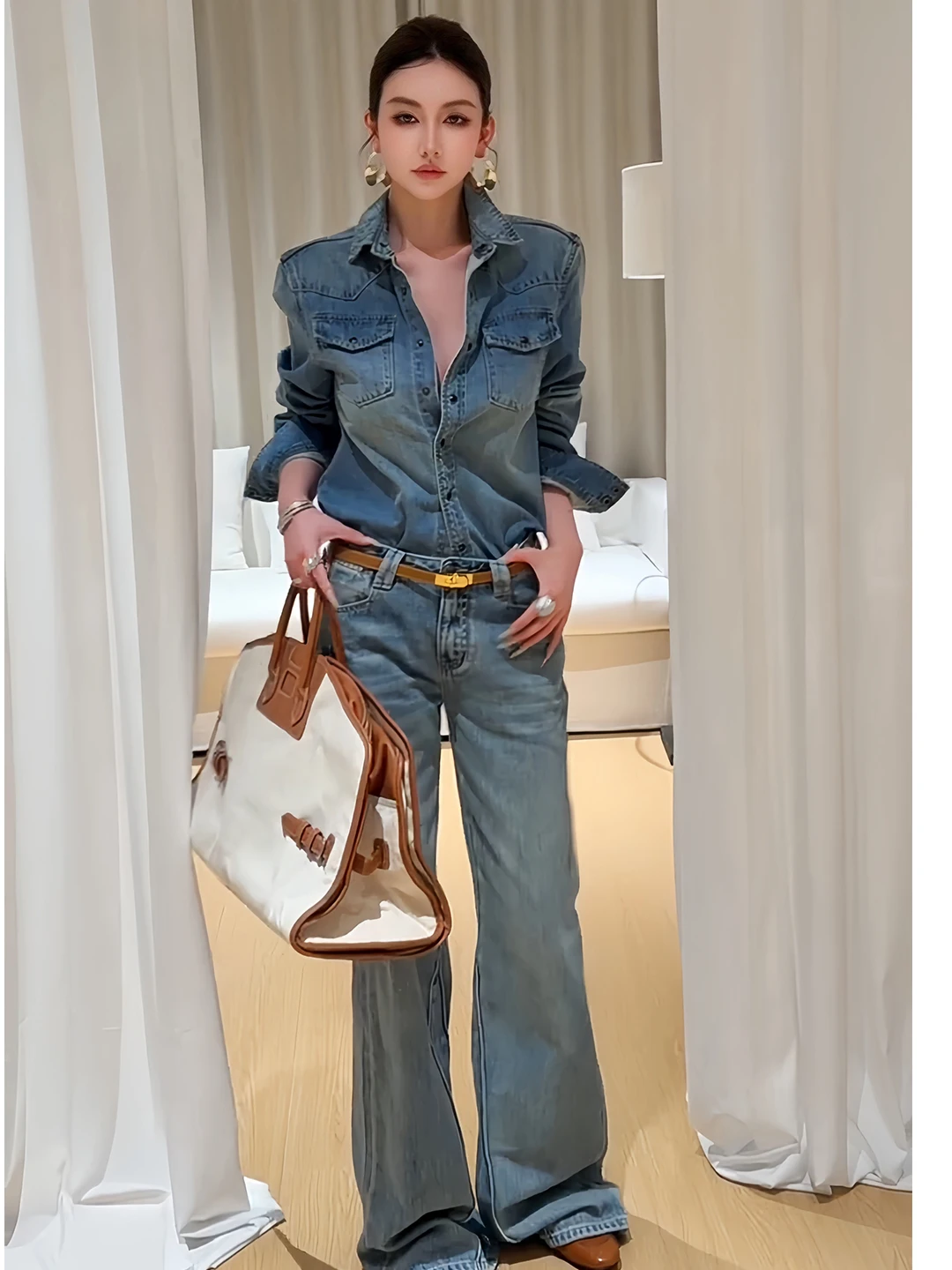 Casual Style Women's Denim Set High Waist Wide Leg Pants Jacket Outerwear Two Piece Suit Autumn Fashion Retro Coin Shape