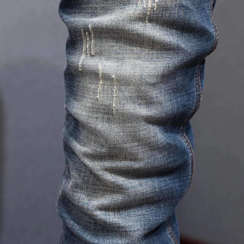 Y2K new men's retro blue jeans, washed with water, nostalgic stretch, slim fit, embroidered jeans, Italian designer high