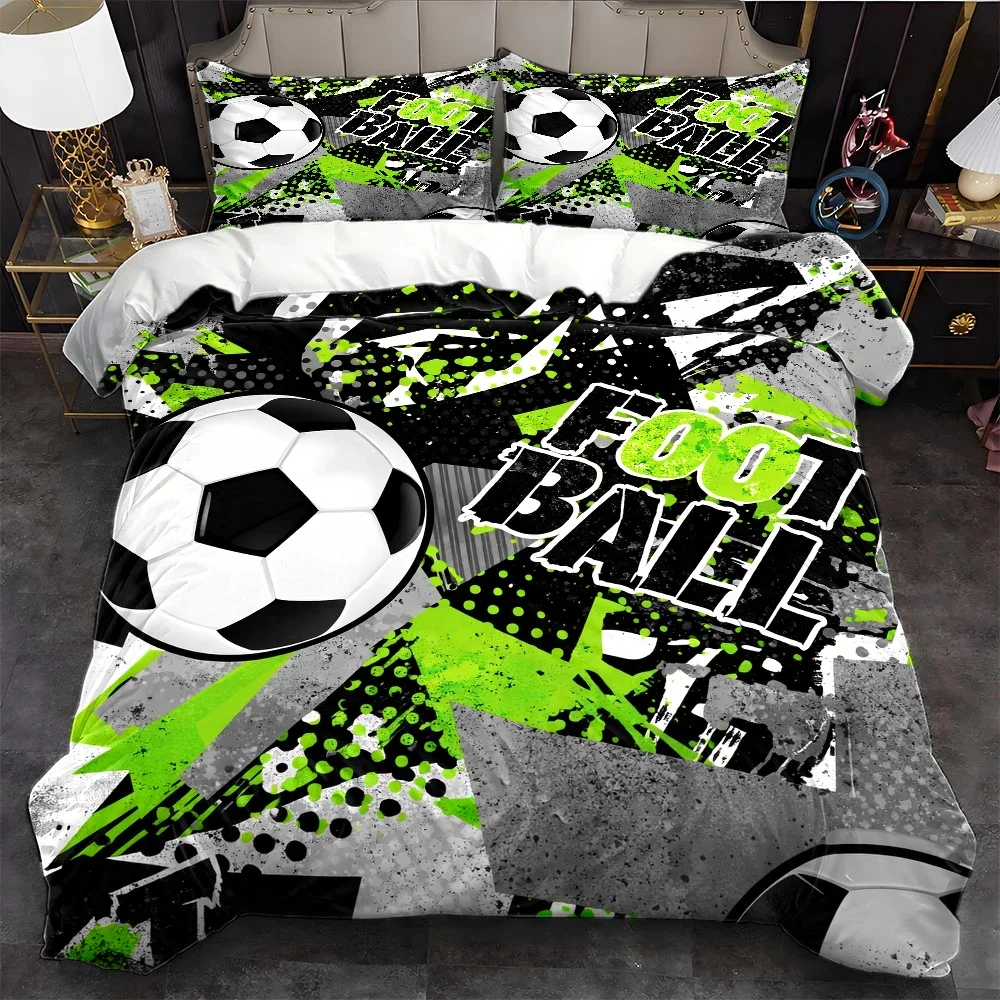 3Pc Football-Themed Duvet Cover Set, Three-Piece Bedding Set (1*Duvet Cover + 2*Pillowcases), Large Personal Bedspread, Suitable for All Seasons, Machine Washable, Invisible Zipper Design, Suitable for Home, Dormitory, Master Bedroom, Guest Room, Trendy Sports-Style Bedding Set, Specially Designed for Football Elements, Wear-Resistant and Skin-Friendly Three-Piece Bedding Set, Personalized Graffiti Football Duvet Cover, Comfortable and Breathable Pillowcases, Fashionable Sports-Style Bedspread Set, Popular Foreign Trade Football Bedding Set