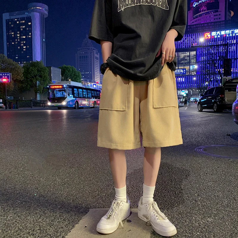 Khaki Corduroy Shorts Oversized Loose Five-quarter Pants Summer Korean Fashion Wide-leg Pants Hip-hop Bottoms For Men And Women