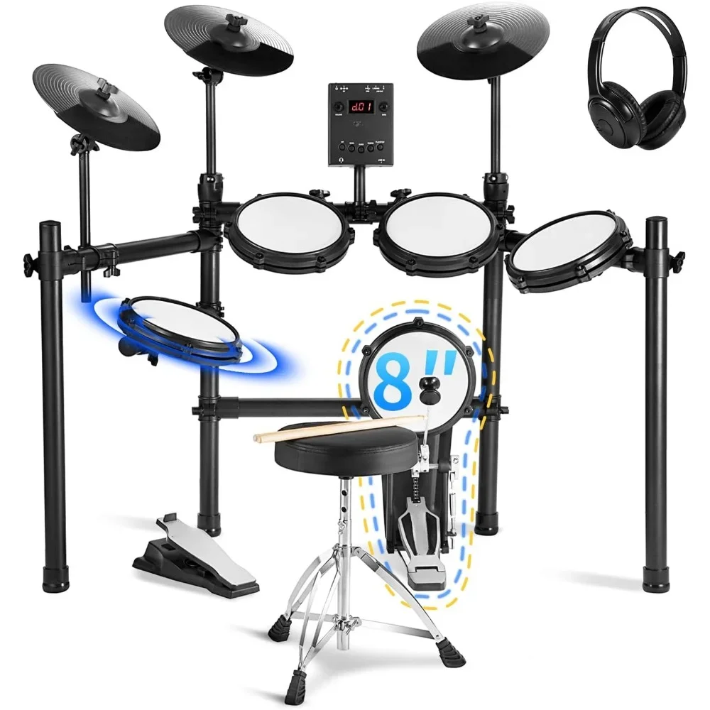 Electric Drum Set with Independent Kick Drum Dual Zone Snare Drum, Quiet Mesh Drum Pads For Beginner, 3 Cymbals with Choke