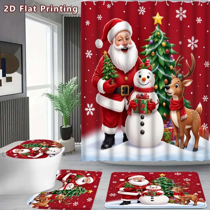 4pc 2D Flat Christmas Shower Curtain Set, Red Background with Santa & Reindeer Print, U Mat & Toilet Cover, Christmas Home Decor