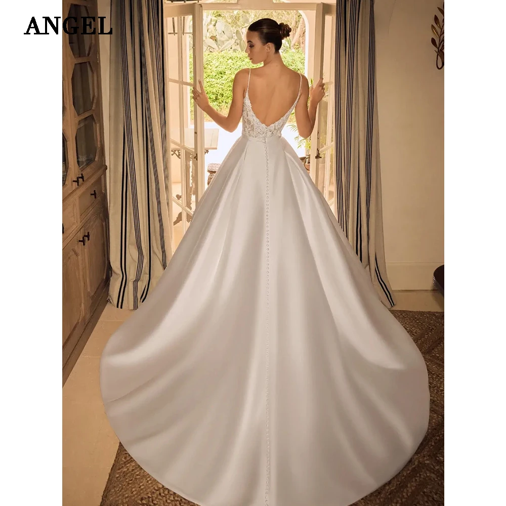 ANGEL Rückenfreie Satin-Brautkleider 2026 Applikationen Sexy Brautkleid mit Spaghettiträgern Lange Brautkleider Vestidos De Novia Maßanfertigung