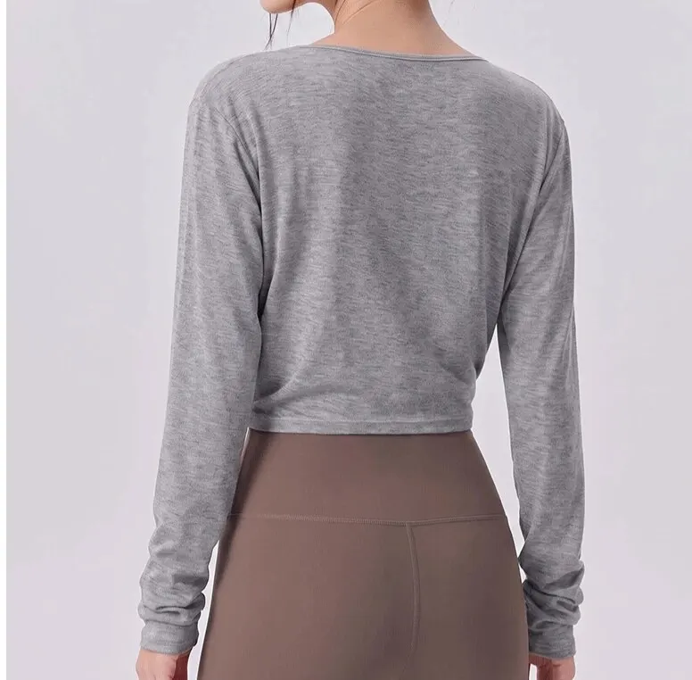 Damen Yoga-Oberteil mit V-Ausschnitt und langen Ärmeln, lockeres, kurzes Sport-Überziehshirt, Pilates-Trainings-Top, T-Shirt, Cross-Fitness-Trainings-Oberbekleidung – Detail 9