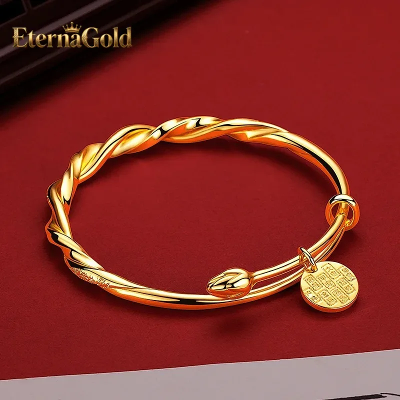 

EternaGold Luxury 24K 9999 Pure Gold real gold Women's Brilliant Face Twist Yellow God of Wealth Lotus Pod Bracelet