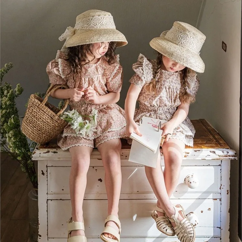 Baby Girl Cotton Flower Print Clothes Set Tshirt+Shorts 2PCS Infant Toddler Child Floral Lace Suit Summer Baby Clothes 1-10Y