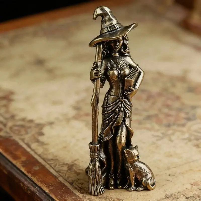 Vintage Brass Witch Statue Figurines Decor Crafts Ancient Witch Woman Sculpture Home Office Desktop Decor Accessories