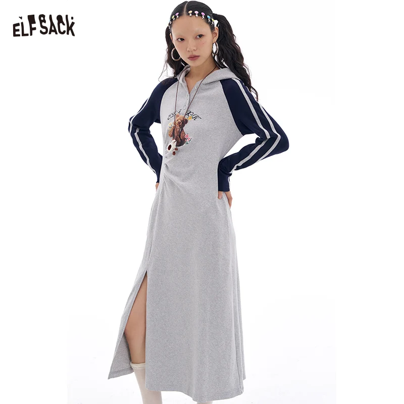 ELFSACK-Robe T-shirt à Manches sulfet Col Rond pour Femme, Vêtement Décontracté, Imprimé Raglan, Gris, Simple, Slim Fit, Nouvelle Collection Printemps 2025