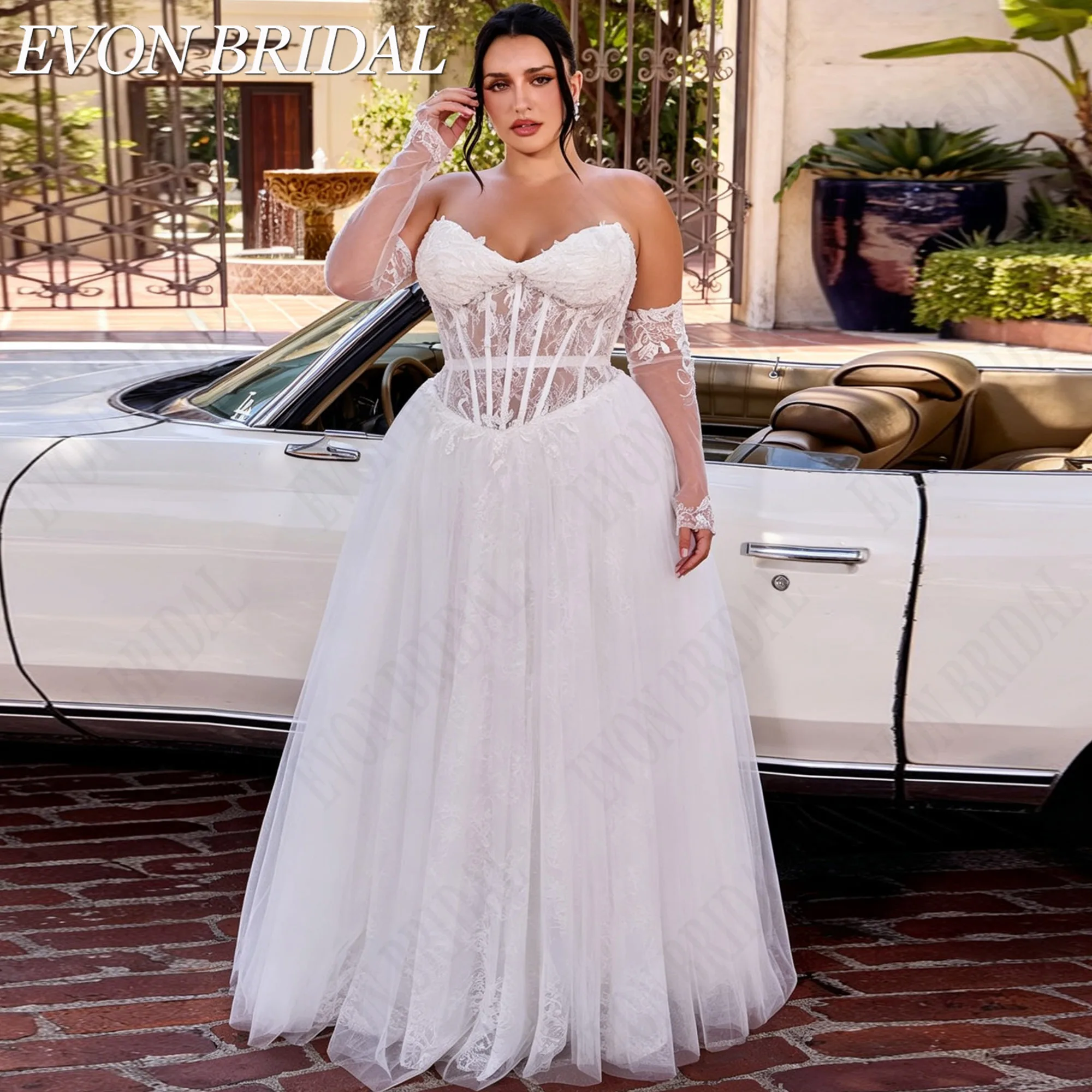 EVON BRIDAL Customized Detachable Sleeve Wedding Dress Plus Size Beading Lace Appliques Tulle Bride Dresses A-Line Bridal Gown