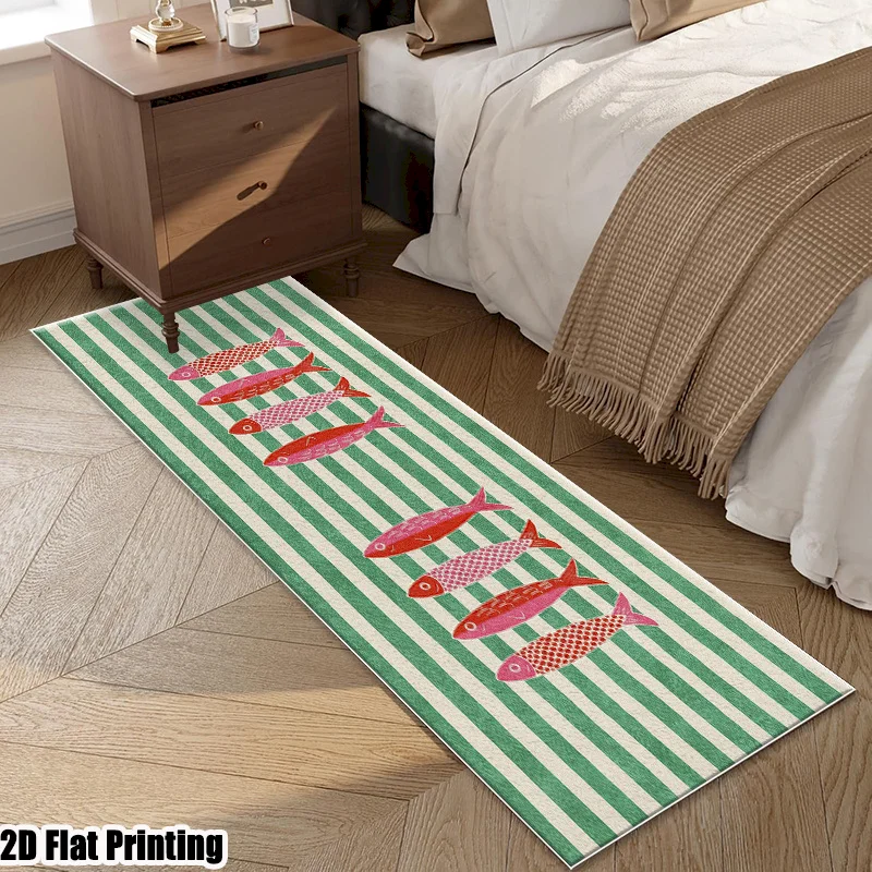 VIKAMA Striped Fish Sailboat Carpet Coastal Style Anti Slip Floor Mat Bedroom Bedside Kitchen Entrance Corridor Home Decoration