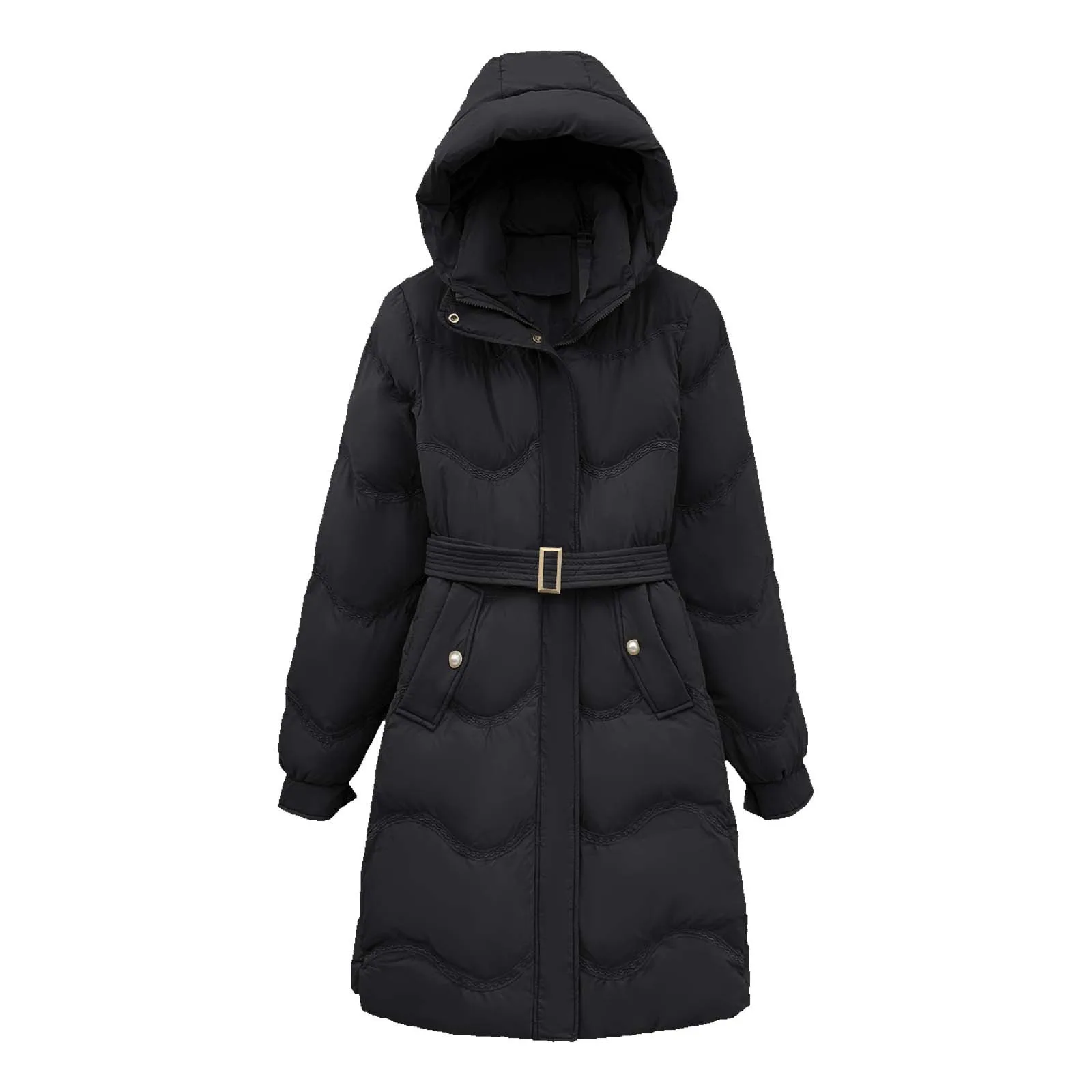 2024 novo no inverno feminino cor sólida comprimento médio para baixo jaqueta longa com cinto feminino grosso casaco quente parka longo com capuz outerwear