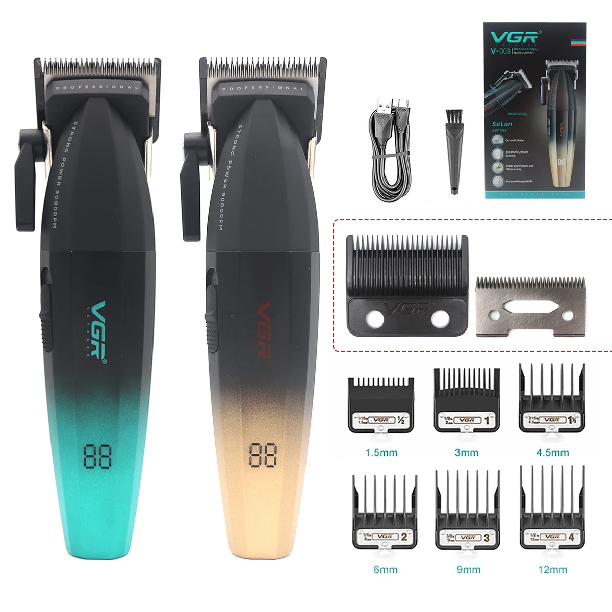 VGR V-003 Professional Hair Clipper 9000 RPM Ceramic Blade Hair Cutting Machine Full Metal USB Interface Men's Barber Machine