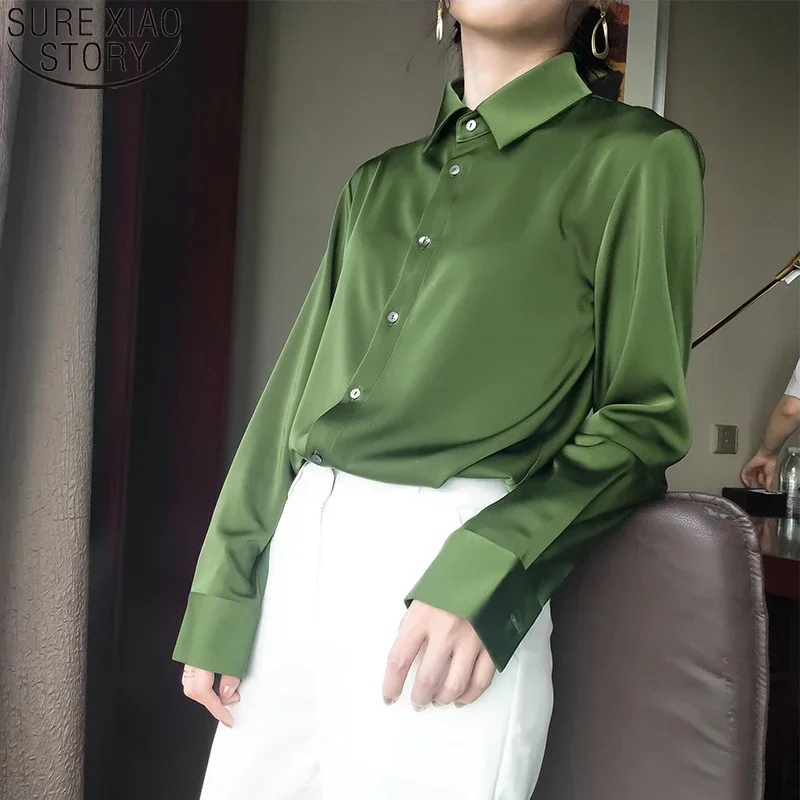 Spring Fashion Avocado Green Satin Silk Shirt Vintage Blouse Women korean High Quality button Loose Lady Long Sleeve Tops 12610