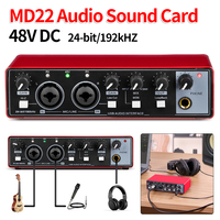 MD22 USB Audio Interface 24-bit/192 KHZ Portable Professional Sound Card 48V Phantom Power for Audio Equipment Guitar Recording