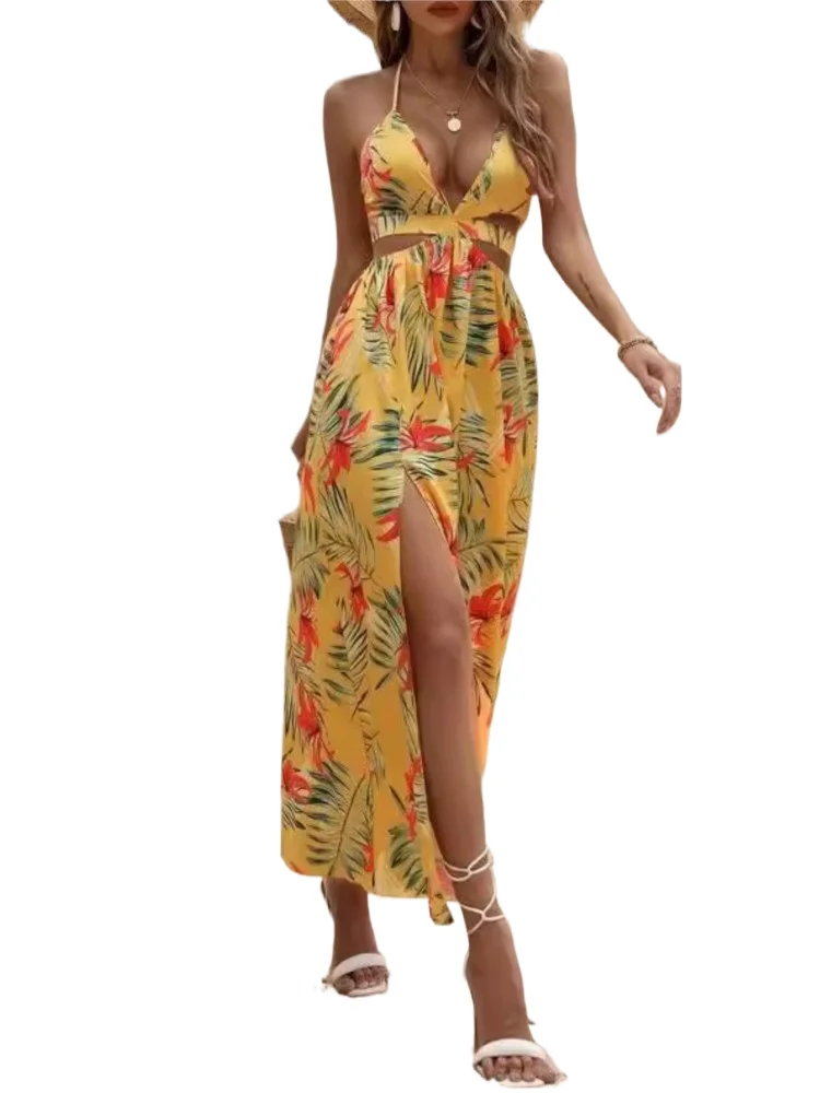 

Print Halter Neck Slit Dresses Women Sexy Deep V-neck Hollow Out Backless Bowknot Leace-up Long Dress Female Streetwear Vestidos