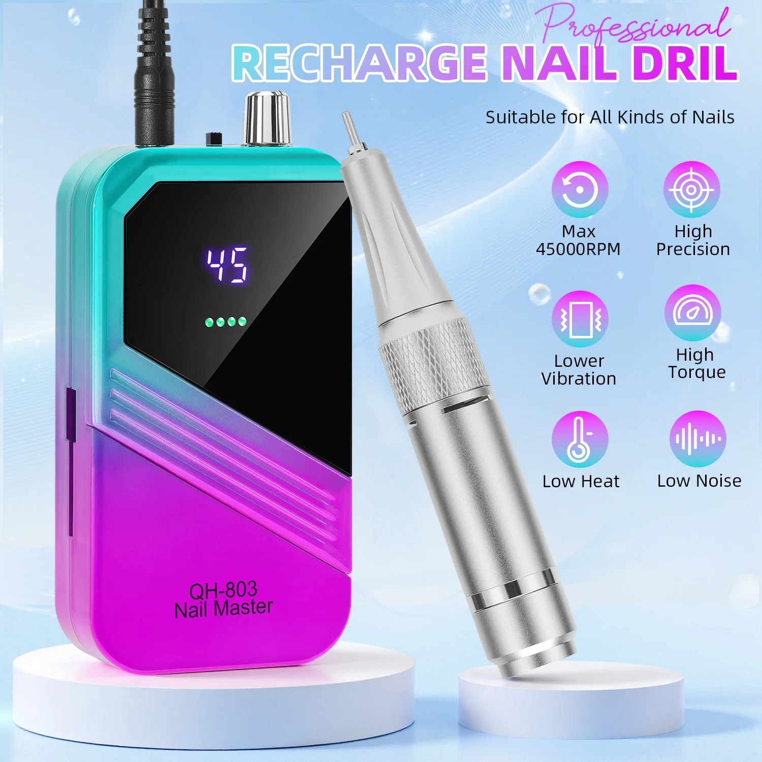 DianaBeauty Portable Electric Nail Drill Machine LED Display Rechargeable Nail Sander for Gel Nails Polish For Manicure Salon