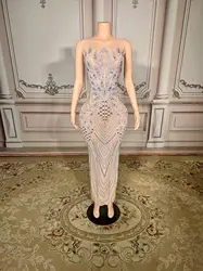 Sexy Sparkly Multicolor Rhinestones Sleeveless Mesh Transparent Short Dress Women Birthday Celebrate Prom Dance Dress Plus Size