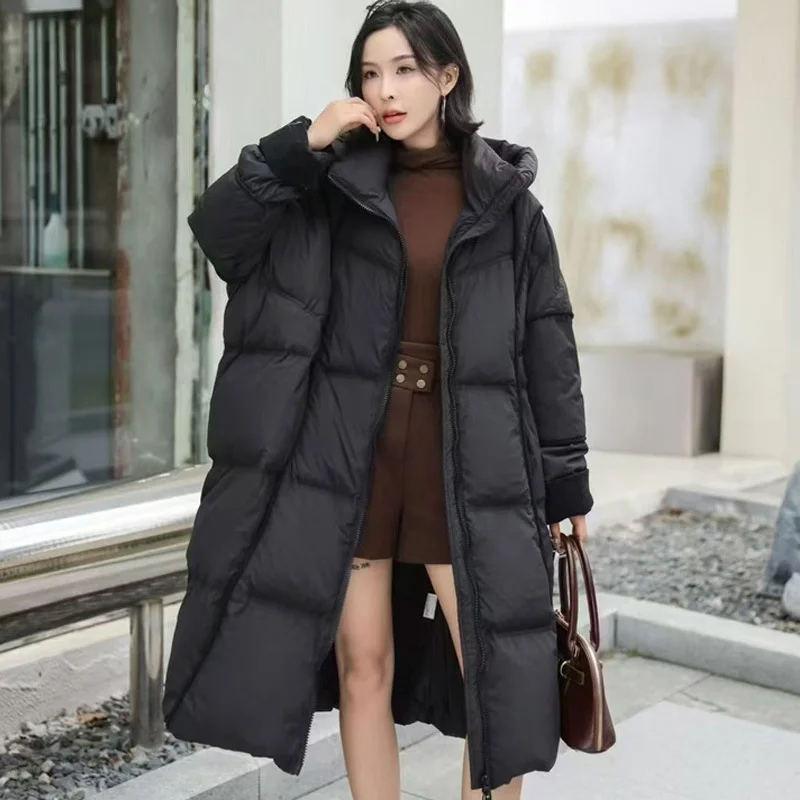 Halflange donsjas voor dames 2025, nieuwe winter, oversized, verdikte knielange capuchon, retro commuter-casual jas, trendy
