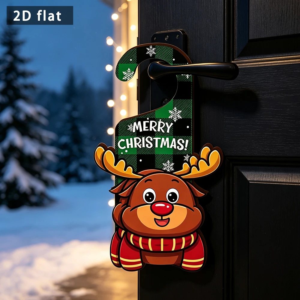 Wooden Christmas Reindeer Door Hanger Sign, 2D Flat Green Buffalo Plaid Merry Christmas Plaque, Xmas Door Handle Decor Ornament