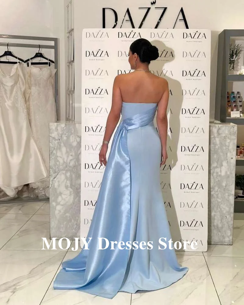 Mojy elegante azul claro Vestidos de noche formales Dubai árabe fiesta de boda sin tirantes satén Vestidos largos de graduación Vestidos personalizados