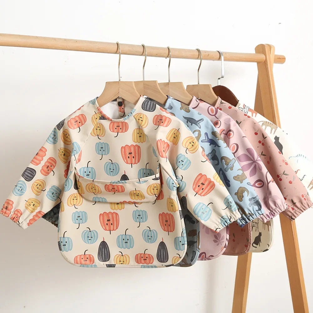 

Easy Wear Long Sleeved Bib Baby Toddler Soft PU Bibs Painting Waterproof Meals Protection Washable Easy Clean Smock for Children