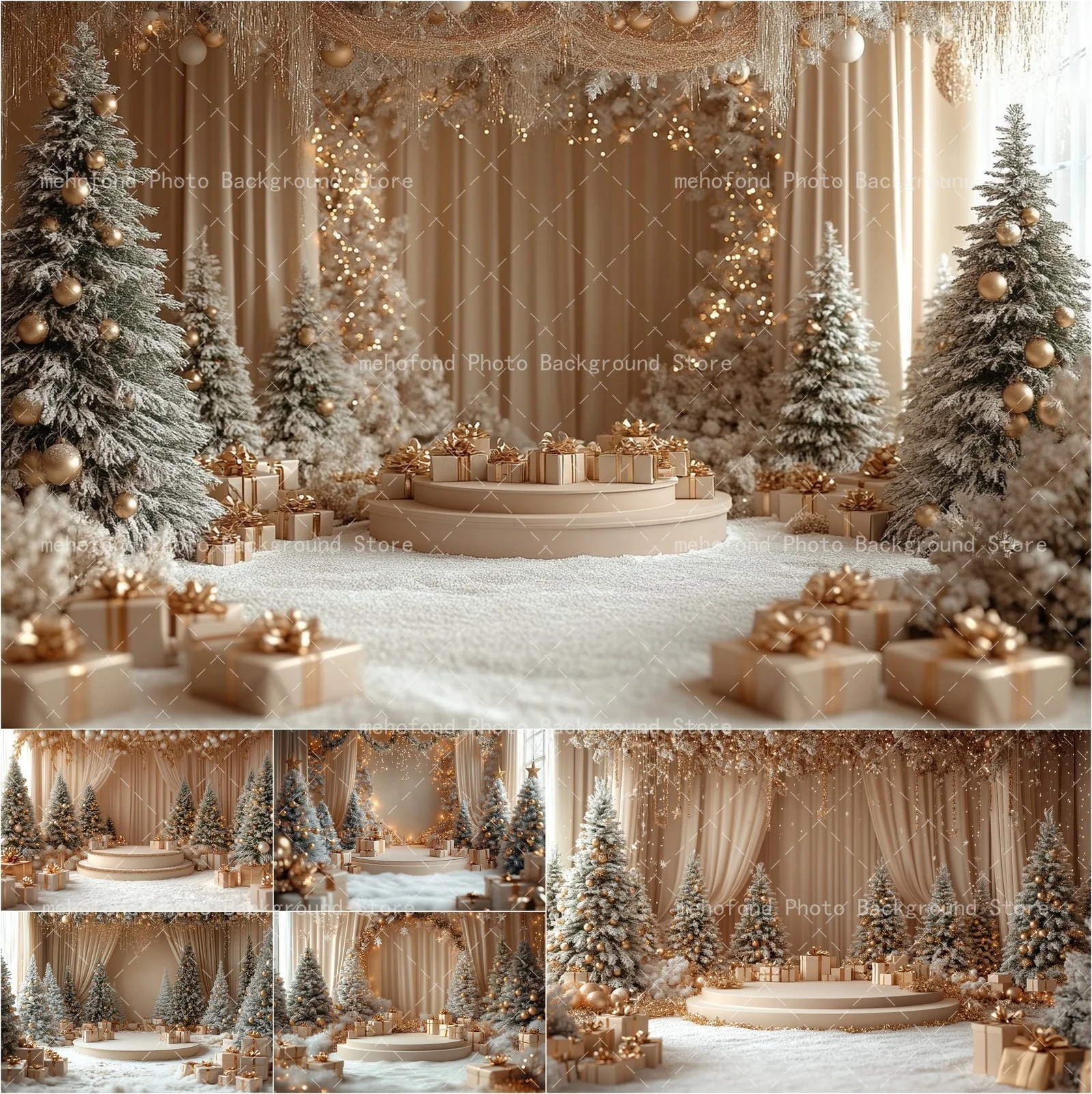 Mehofond Photography Background Christmas Tree Beige Curtain Gift Box Spherical Decoration Kids Family Portrait Backdrop Decor