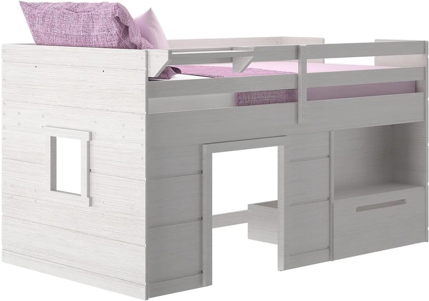 Loft Bed Twin Size, Solid Wood Low Loft Bed with Storage Drawer and Ladder, Modern Farmhouse Loft Bed for Kids, White Wash