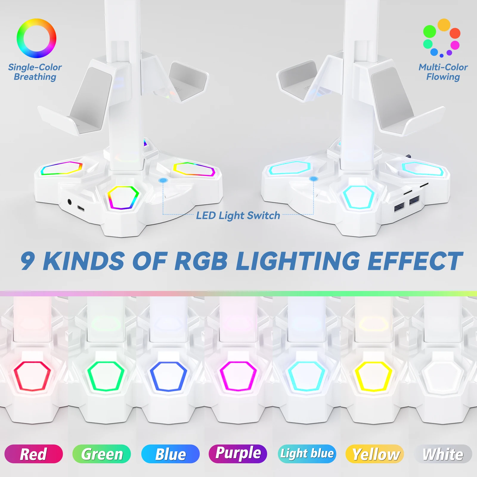 KDD Rotatable Headset Stand Gaming Headphones Stand 9 Light Modes Controller Holder with USB Charging Ports Earphone Hanger