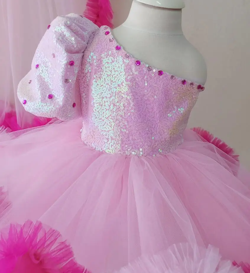 Pink Baby Girls Dress Toddler Tutu Outfit Kid Birthday Dress with Detachable Train Flower Girl Dress Prom Christmas Gown